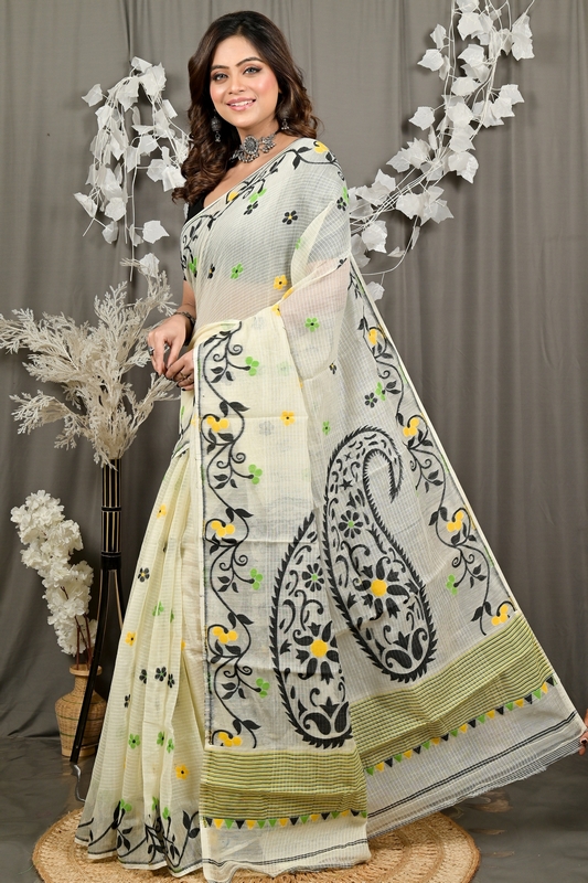 Off white Black Cotton Fivani Jamdani Saree (3080)