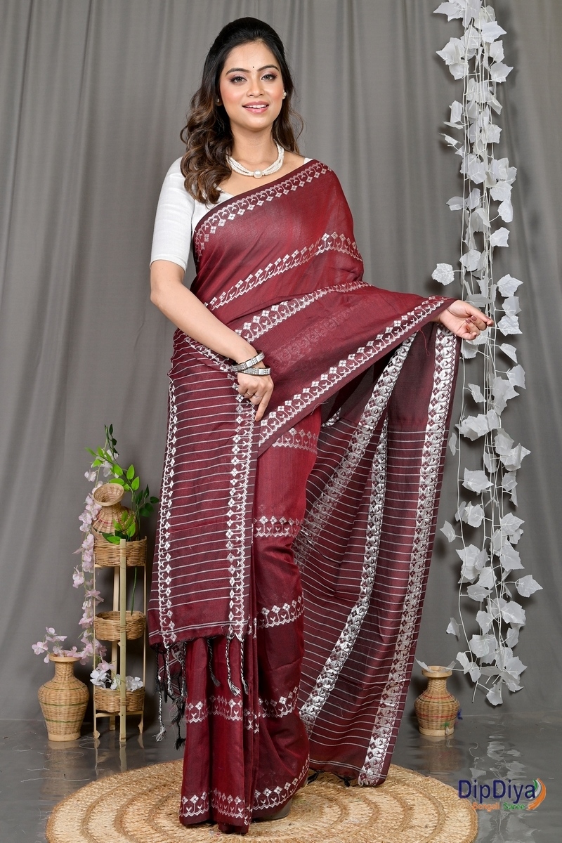 Maroon Cotton Blended Pareta Hand Loom Saree (309)