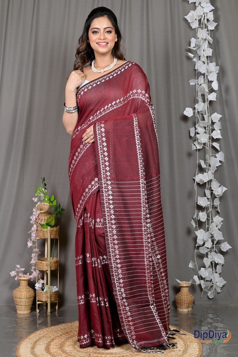 Maroon Cotton Blended Pareta Hand Loom Saree (309)