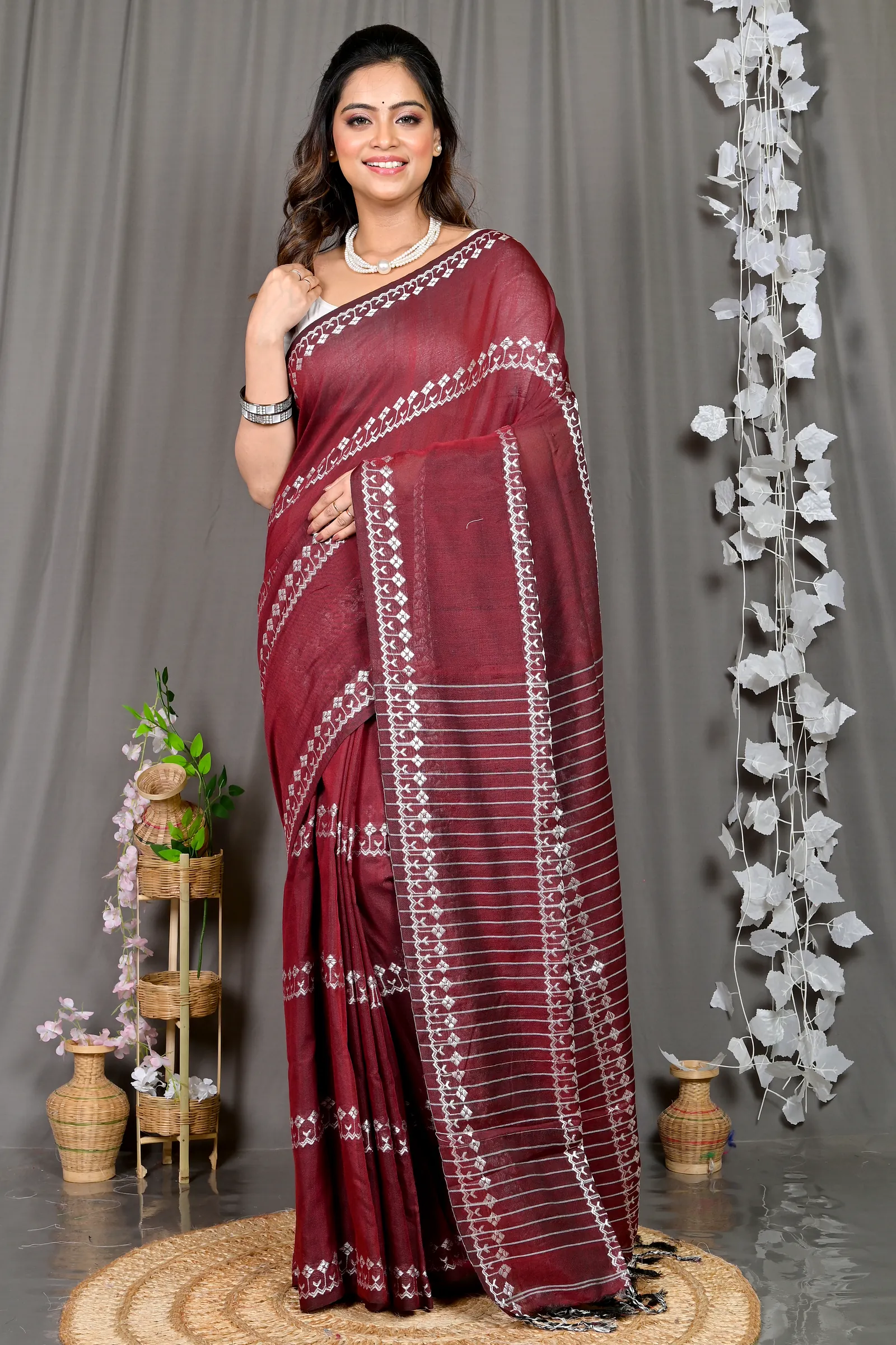 Maroon Cotton Blended Pareta Hand Loom Saree (309)