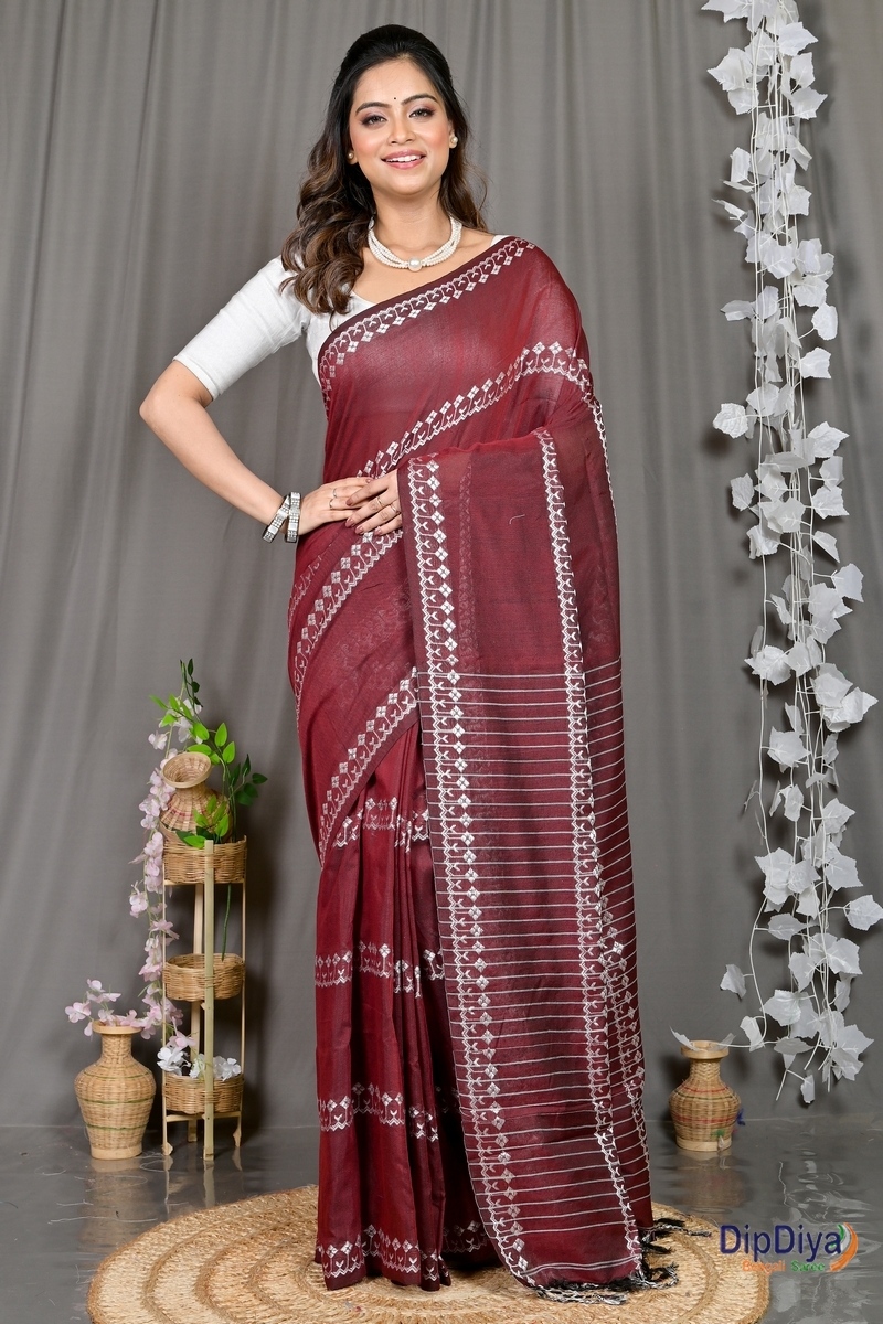 Maroon Cotton Blended Pareta Hand Loom Saree (309)