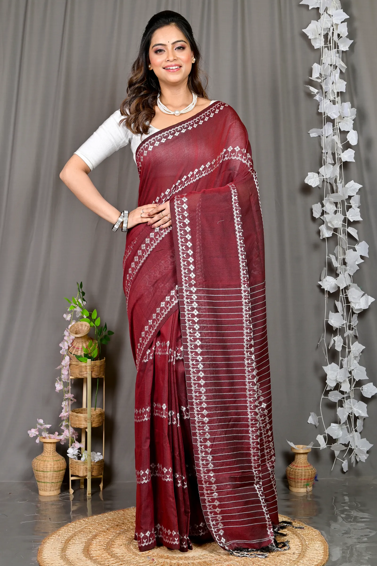 Maroon Cotton Blended Pareta Hand Loom Saree (309)