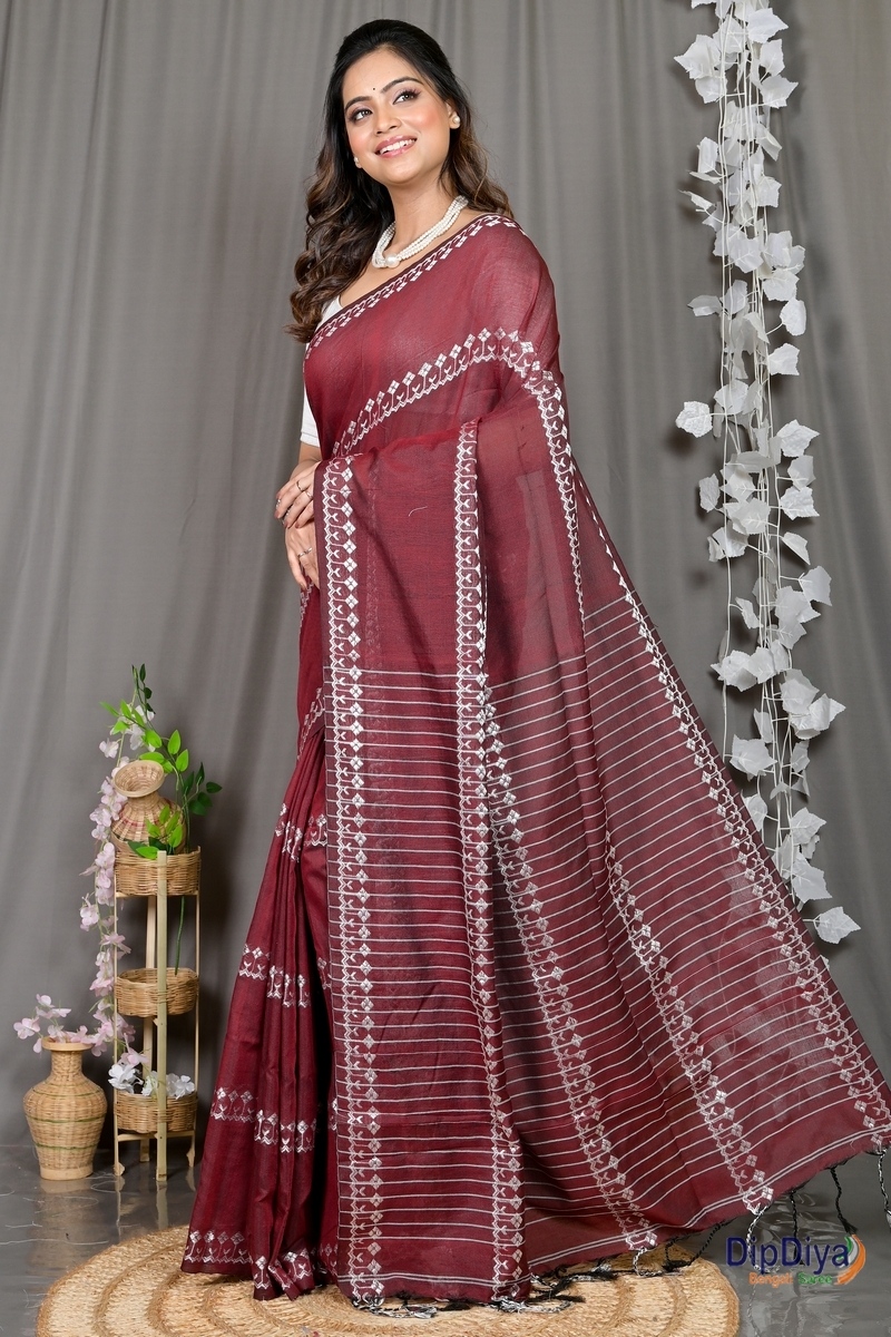 Maroon Cotton Blended Pareta Hand Loom Saree (309)