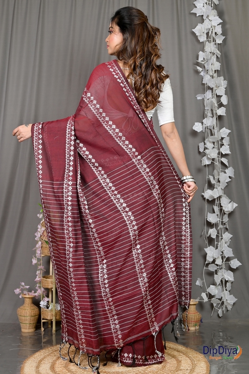 Maroon Cotton Blended Pareta Hand Loom Saree (309)