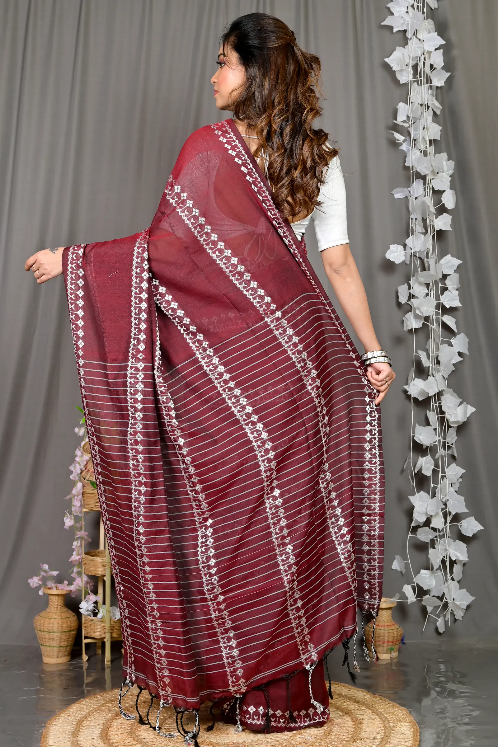Maroon Cotton Blended Pareta Hand Loom Saree (309)