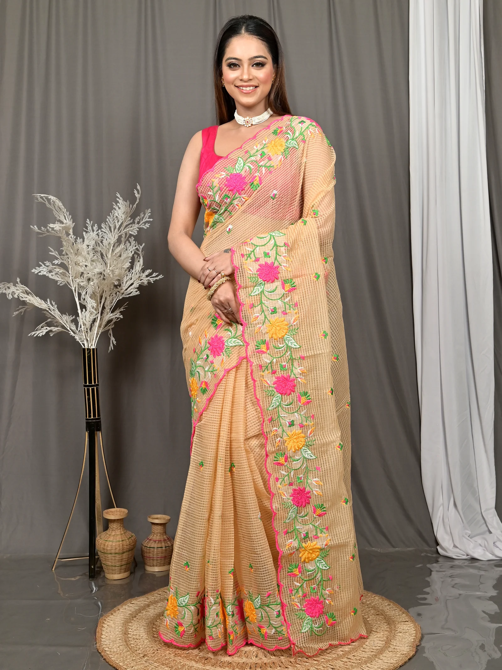Brown Cotton Kotambo Mix Kota Embroidery Saree  (31)