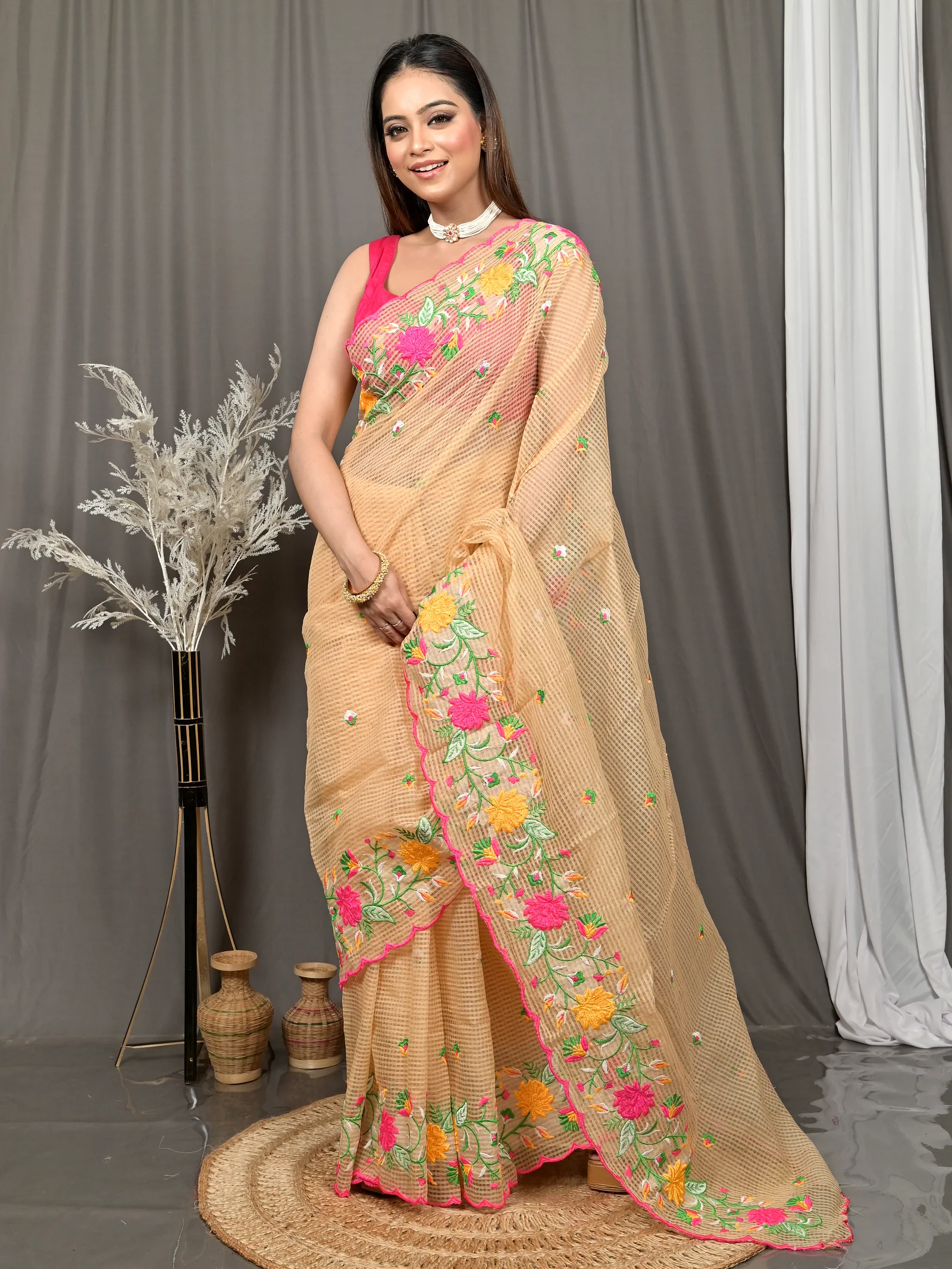 Brown Cotton Kotambo Mix Kota Embroidery Saree  (31)