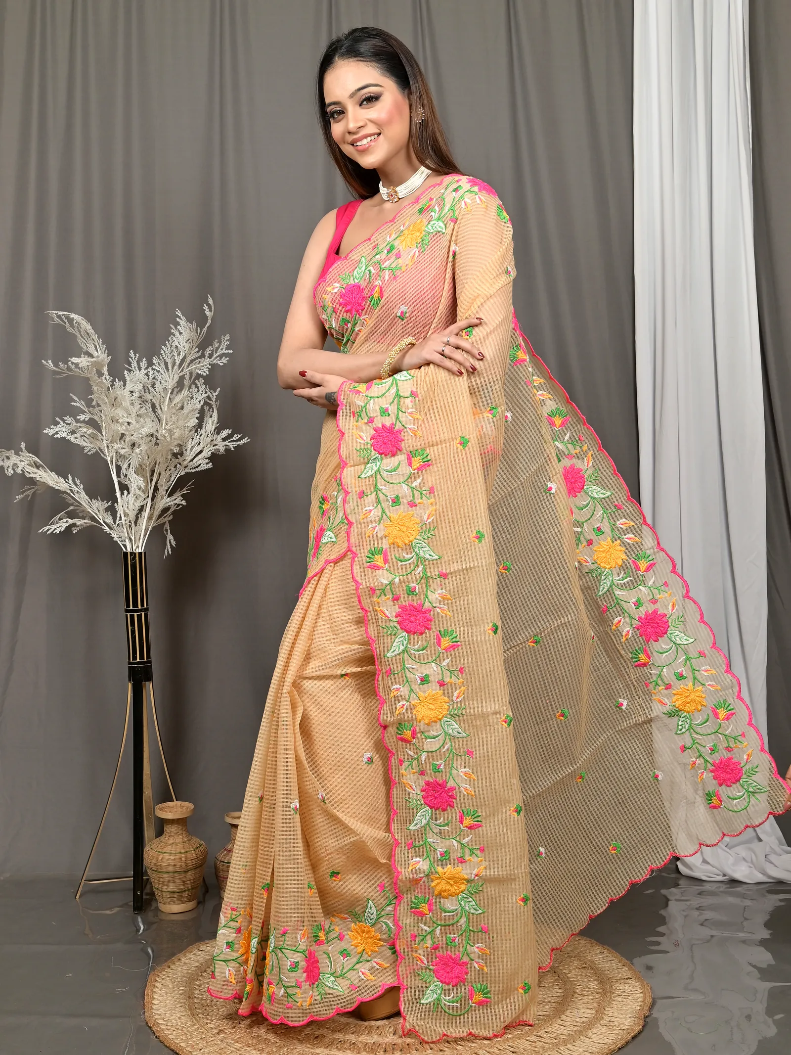 Brown Cotton Kotambo Mix Kota Embroidery Saree  (31)