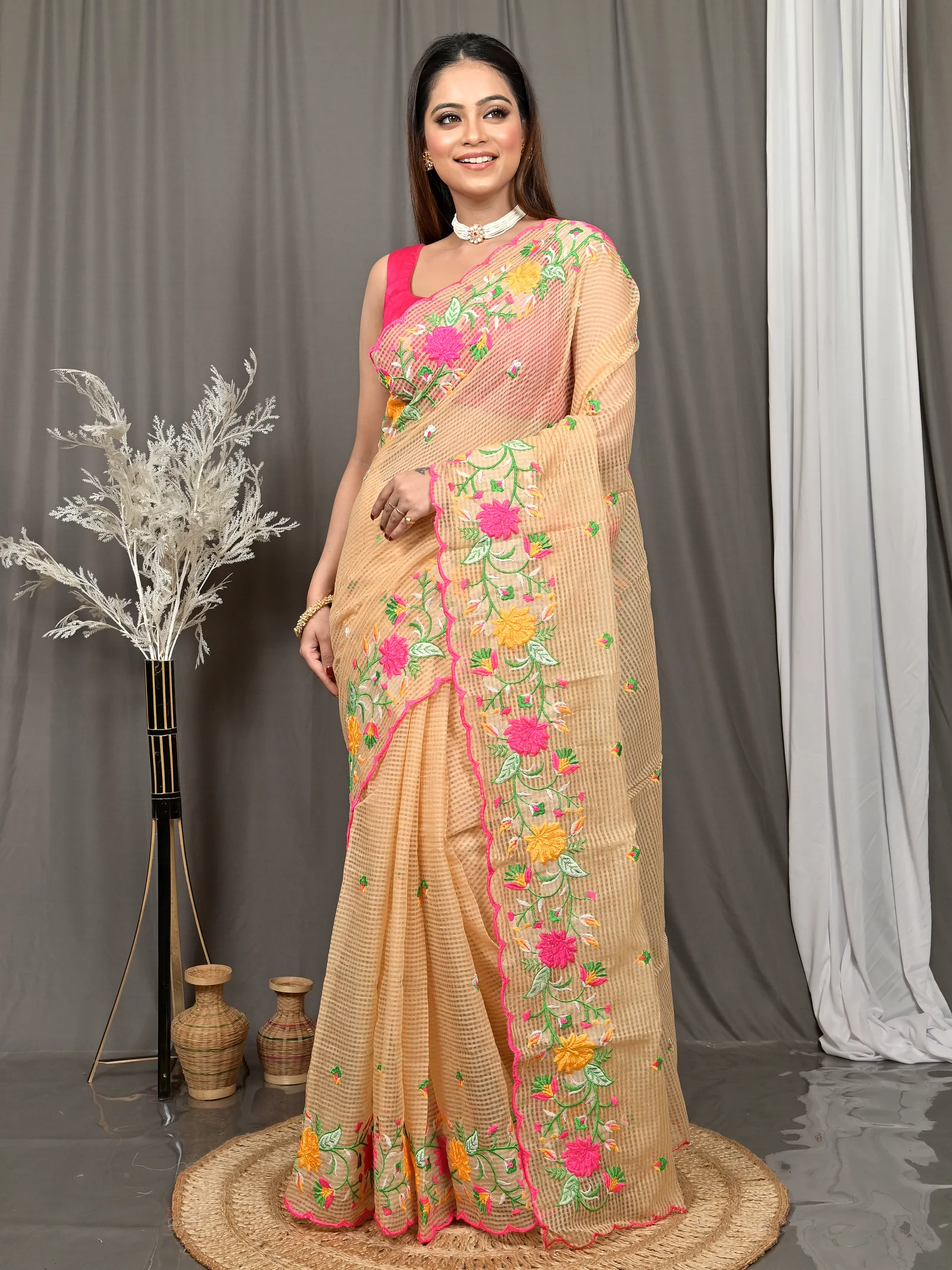 Brown Cotton Kotambo Mix Kota Embroidery Saree  (31)