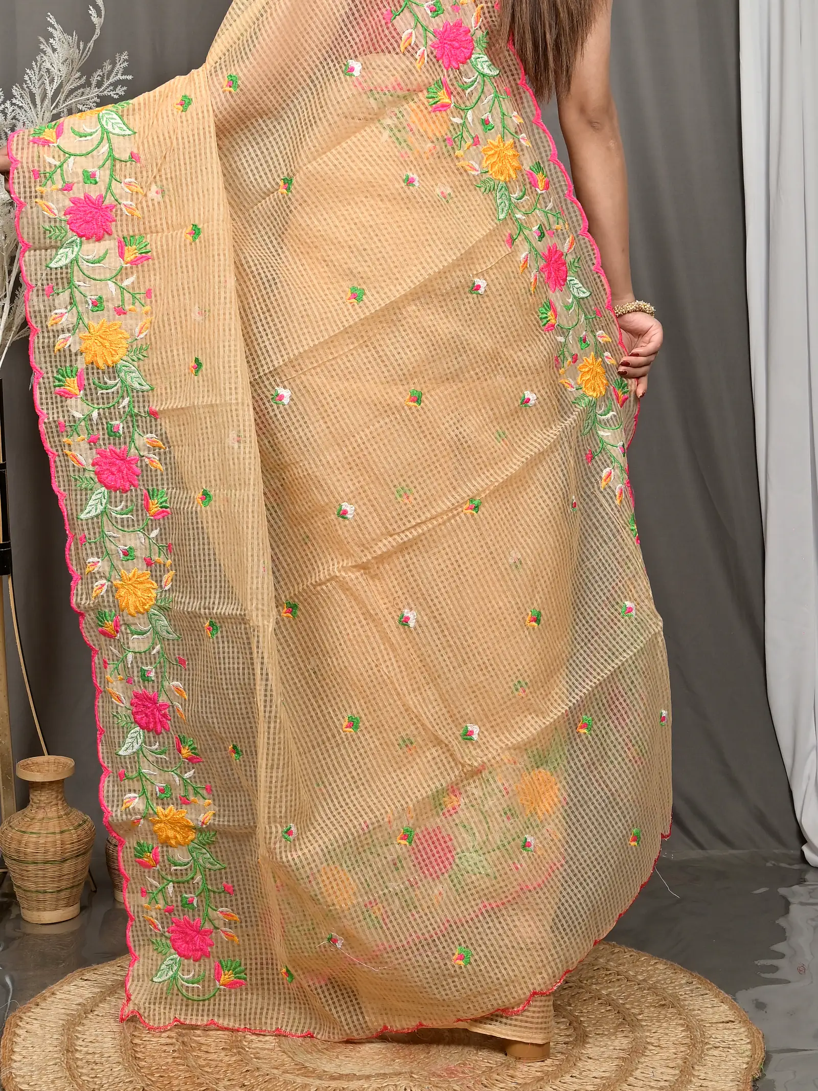 Brown Cotton Kotambo Mix Kota Embroidery Saree  (31)