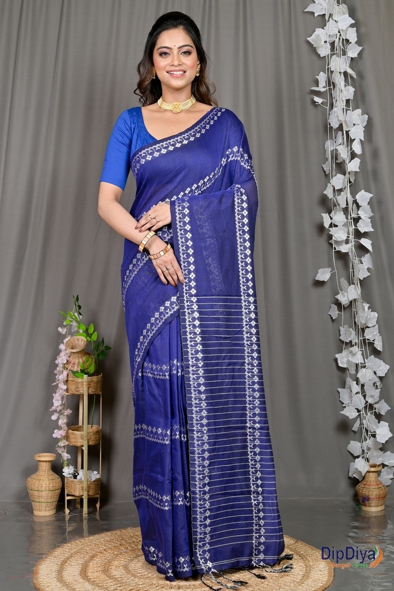 Blue Cotton Blended Pareta Hand Loom Saree (310)