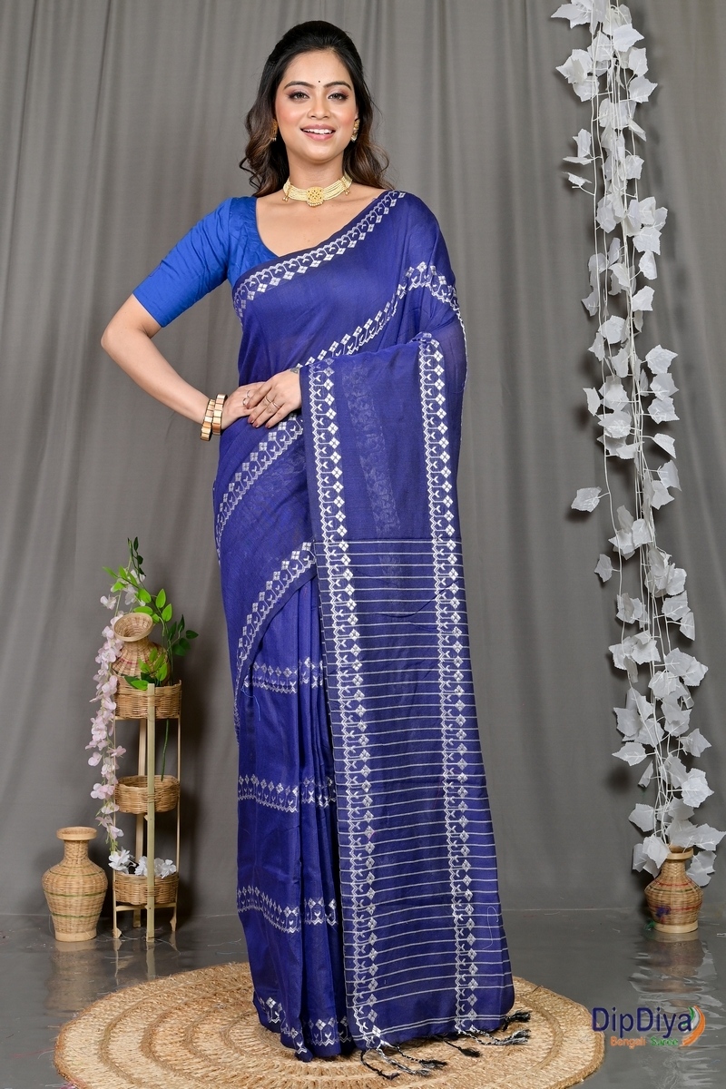 Blue Cotton Blended Pareta Hand Loom Saree (310)