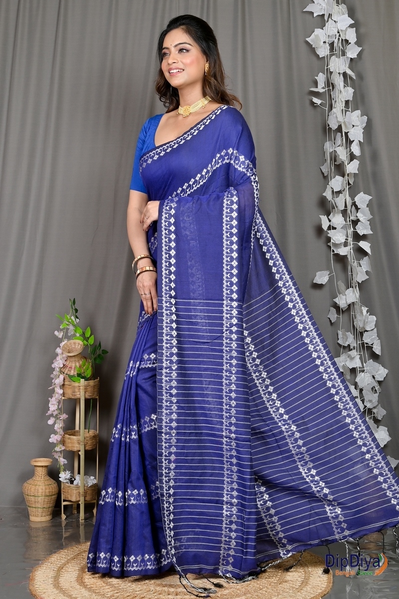 Blue Cotton Blended Pareta Hand Loom Saree (310)