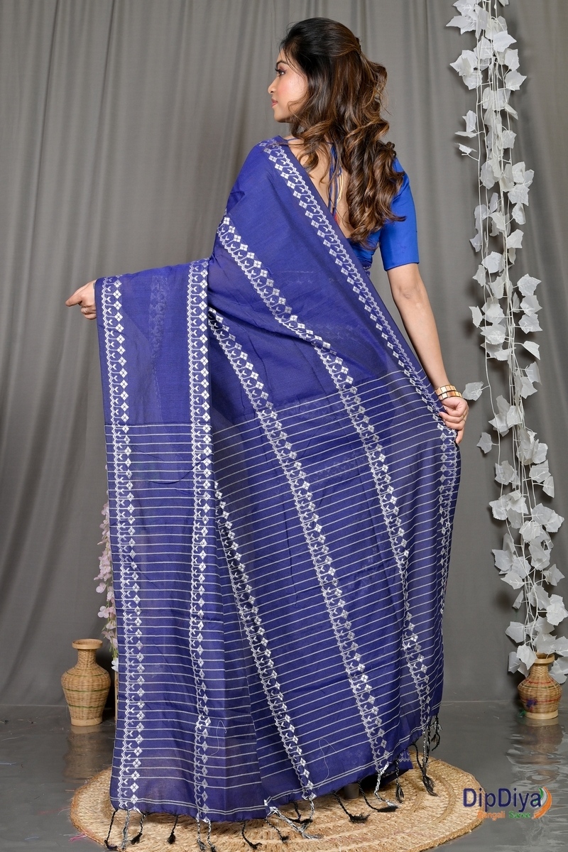 Blue Cotton Blended Pareta Hand Loom Saree (310)