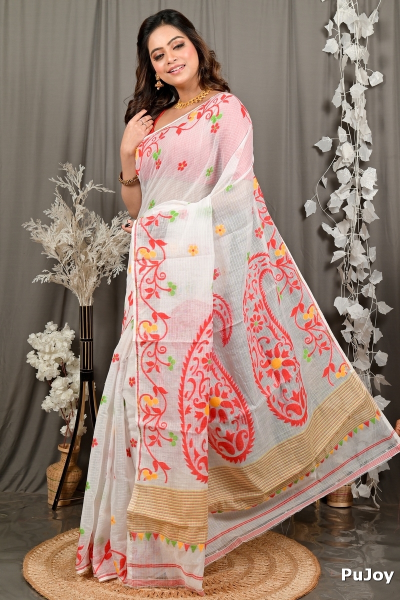 Off White Red Cotton Fivani Jamdani Saree (3100)