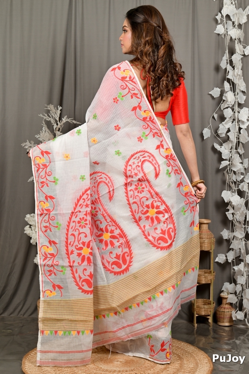 Off White Red Cotton Fivani Jamdani Saree (3100)