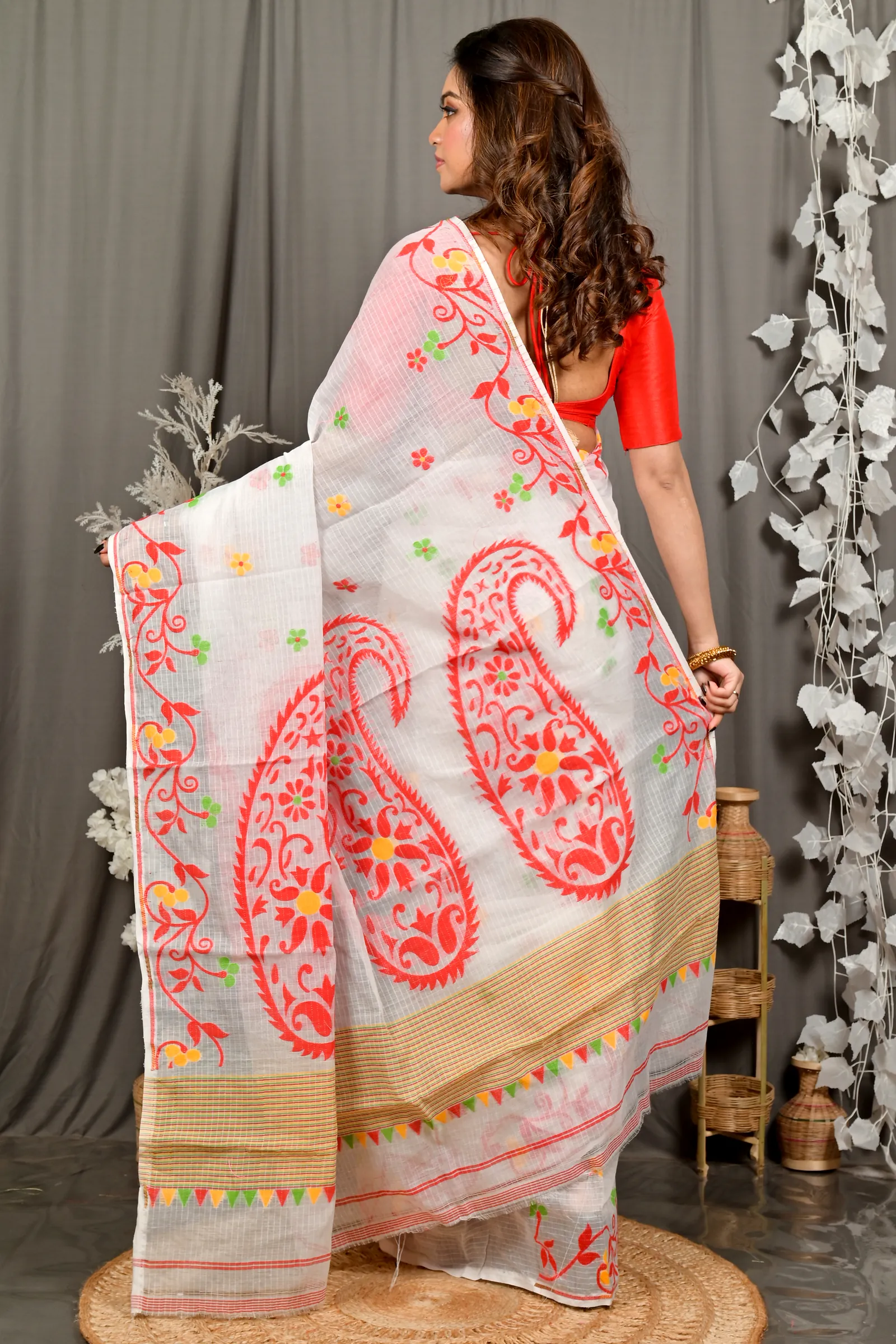 Off White Red Cotton Fivani Jamdani Saree (3100)