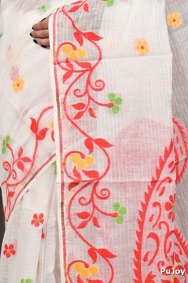 Off White Red Cotton Fivani Jamdani Saree (3100)