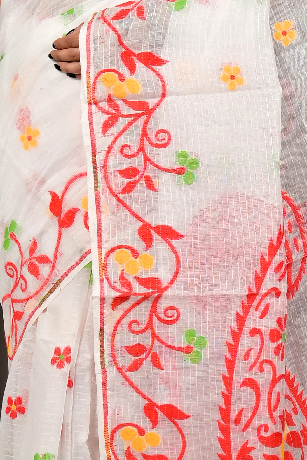 Off White Red Cotton Fivani Jamdani Saree (3100)