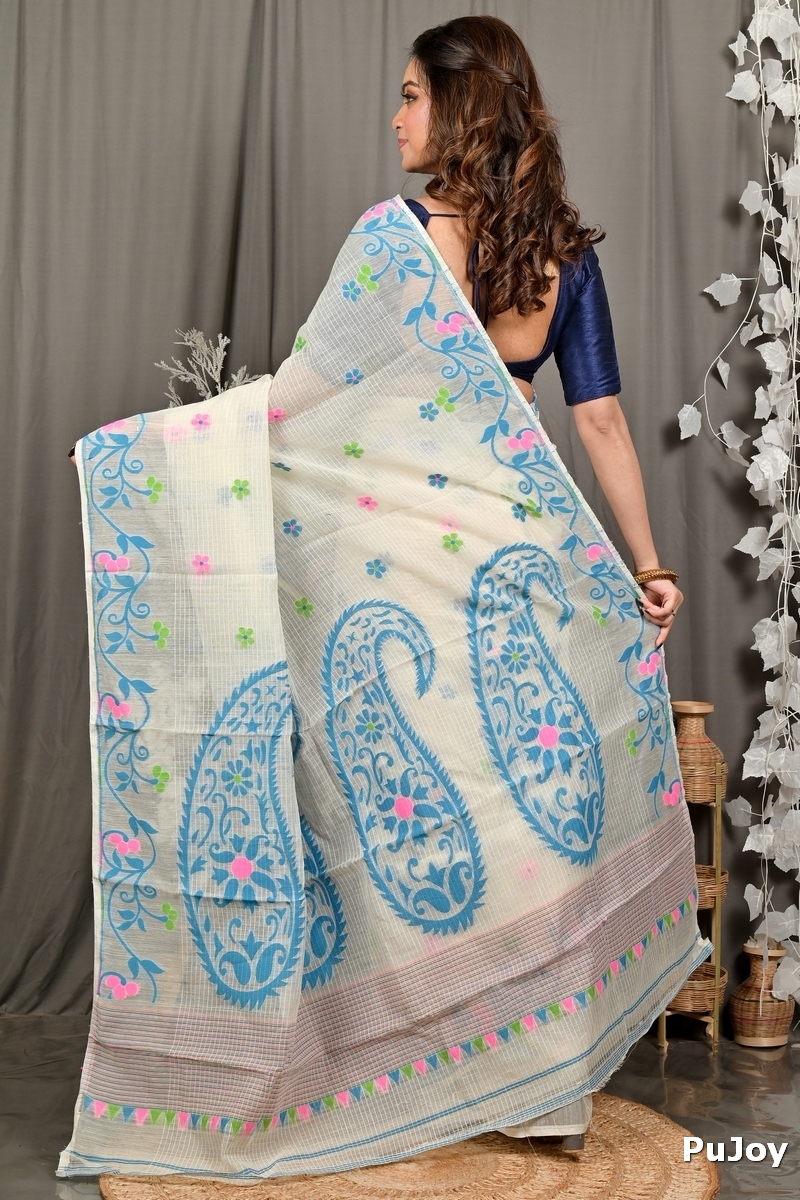 Off White Blue Cotton Fivani Jamdani Saree (3101)