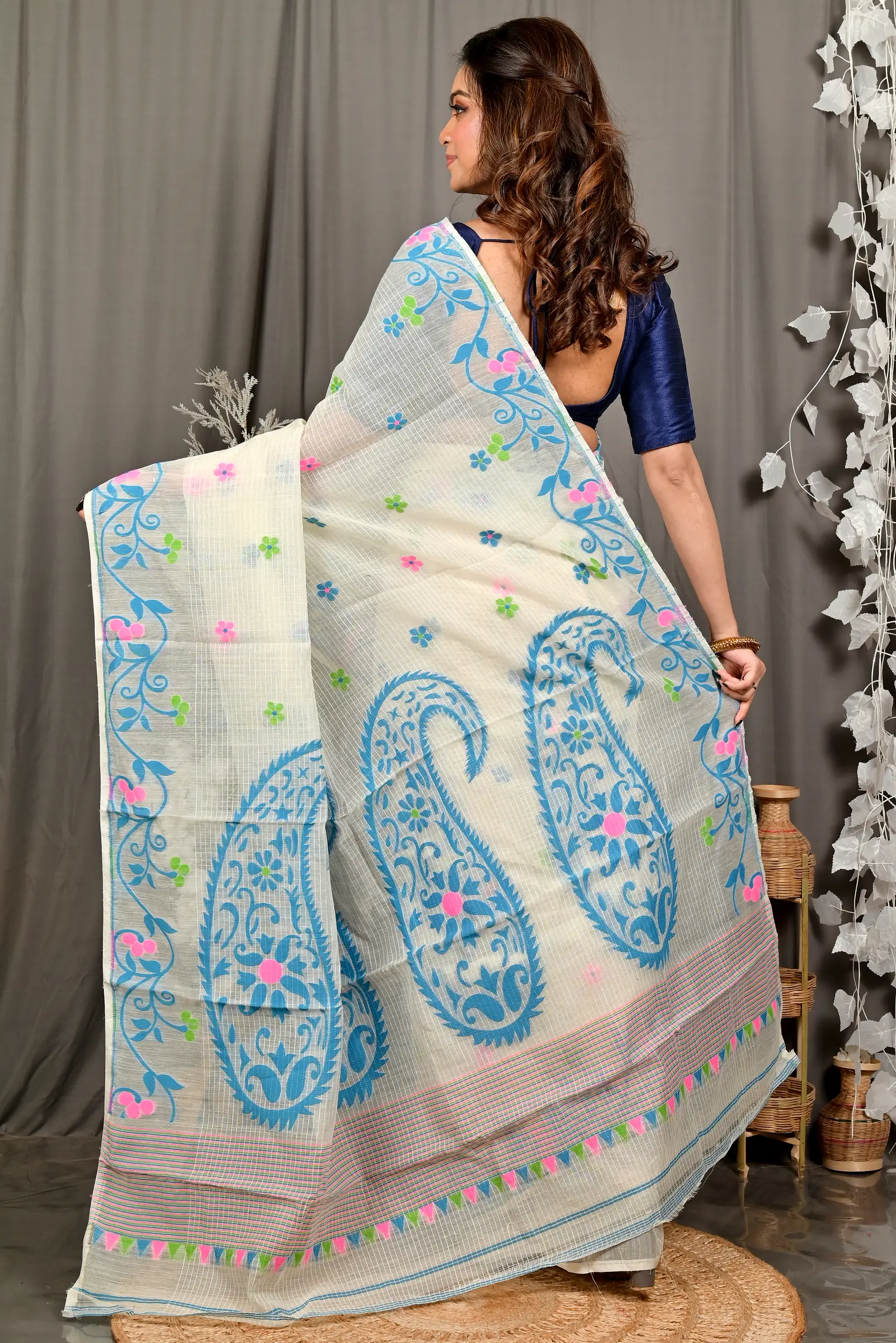 Off White Blue Cotton Fivani Jamdani Saree (3101)