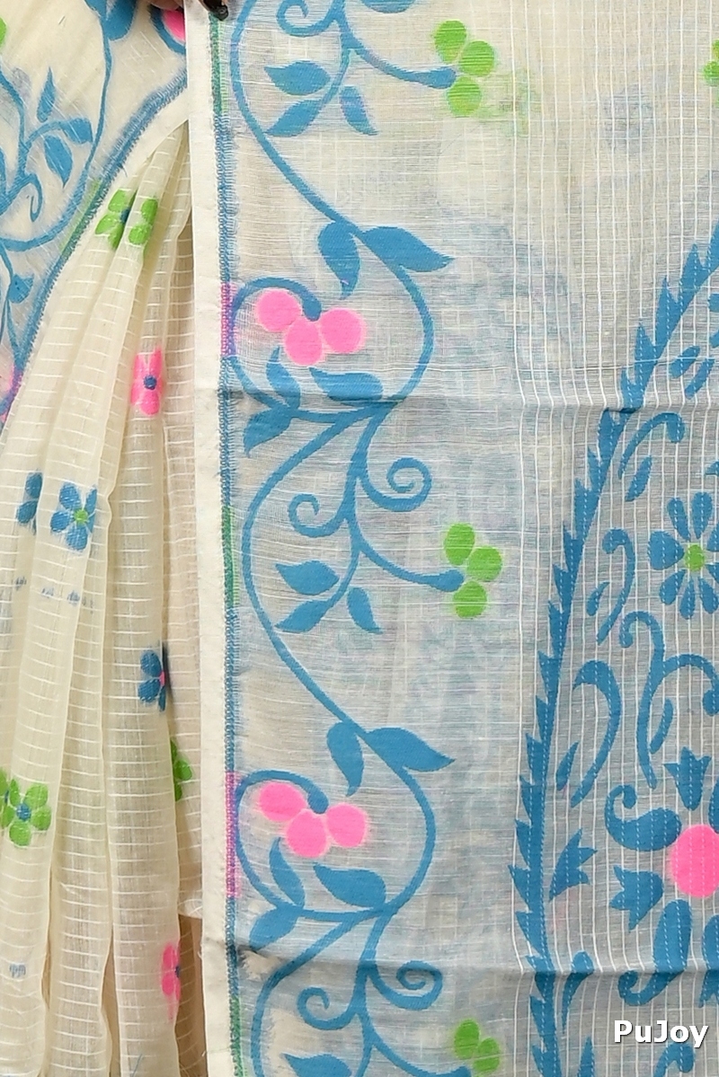 Off White Blue Cotton Fivani Jamdani Saree (3101)