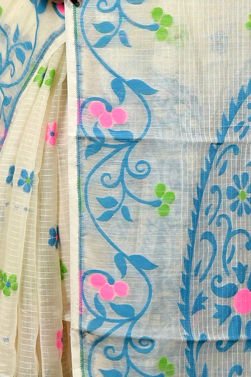 Off White Blue Cotton Fivani Jamdani Saree (3101)
