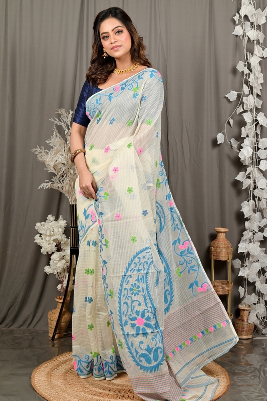 Off White Blue Cotton Fivani Jamdani Saree (3101)