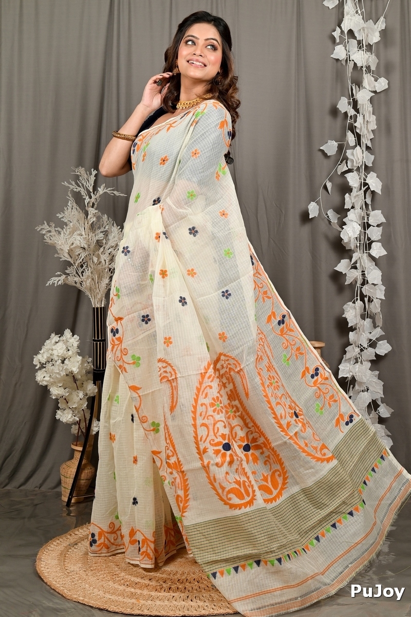 Off White Orange Cotton Fivani Jamdani Saree (3102)
