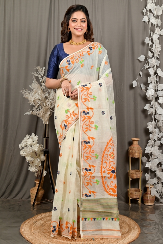Off White Orange Cotton Fivani Jamdani Saree (3102)