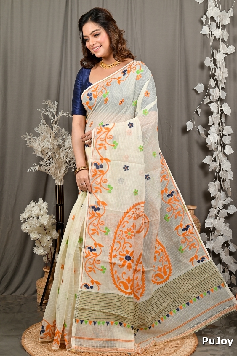 Off White Orange Cotton Fivani Jamdani Saree (3102)
