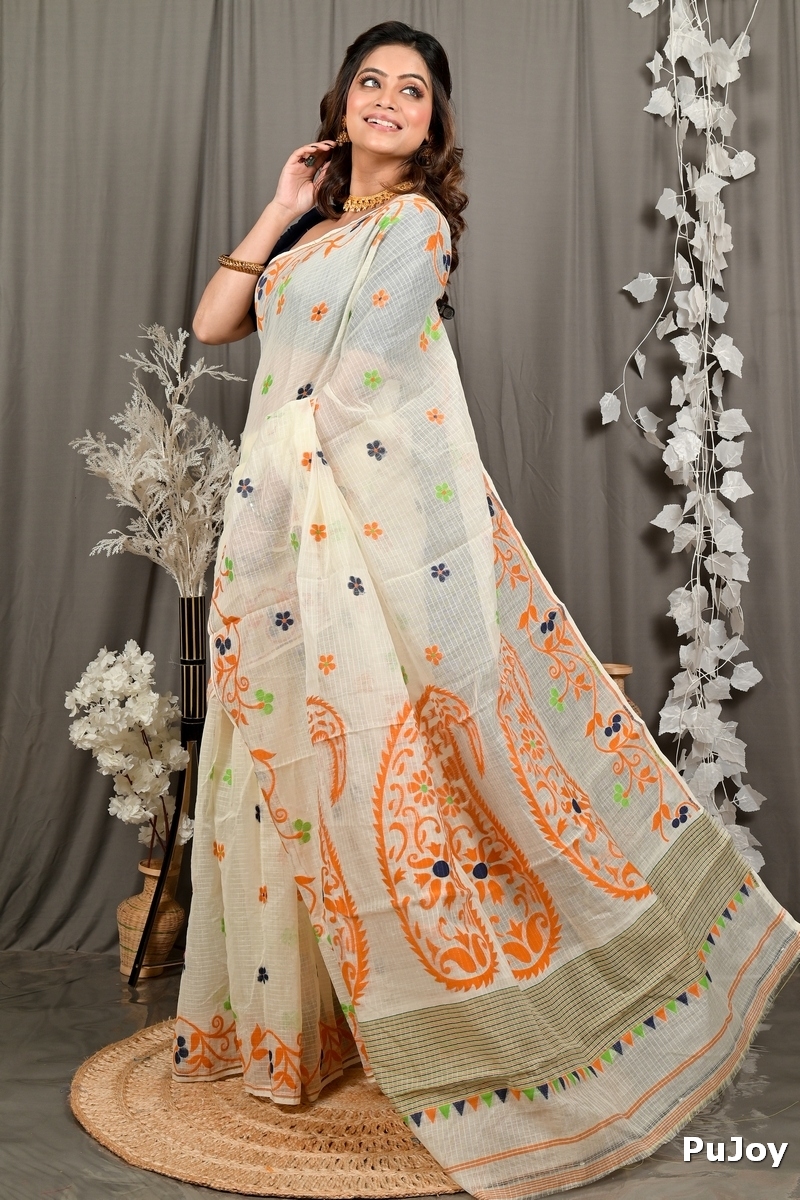 Off White Orange Cotton Fivani Jamdani Saree (3102)
