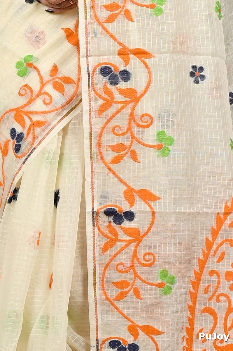 Off White Orange Cotton Fivani Jamdani Saree (3102)