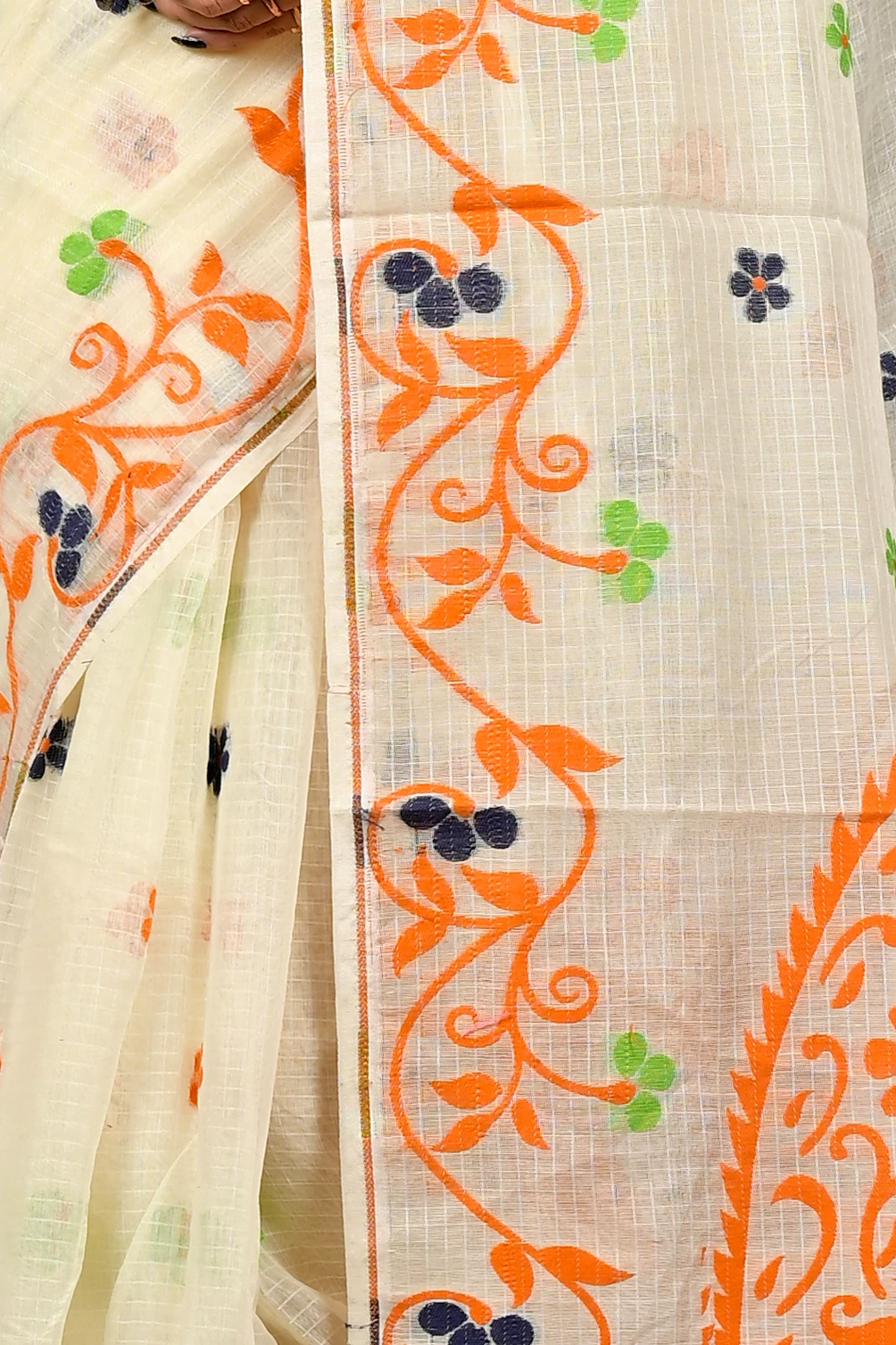 Off White Orange Cotton Fivani Jamdani Saree (3102)