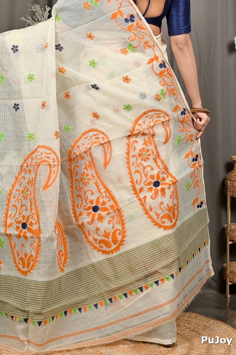 Off White Orange Cotton Fivani Jamdani Saree (3102)