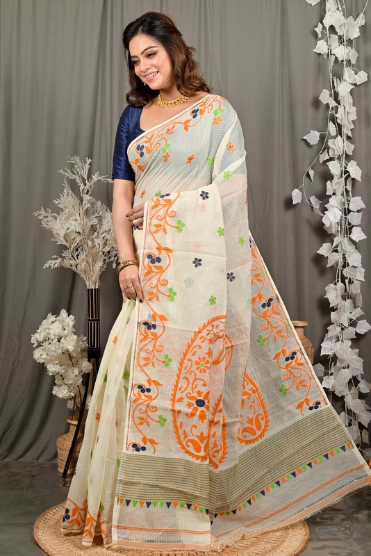 Off White Orange Cotton Fivani Jamdani Saree (3102)