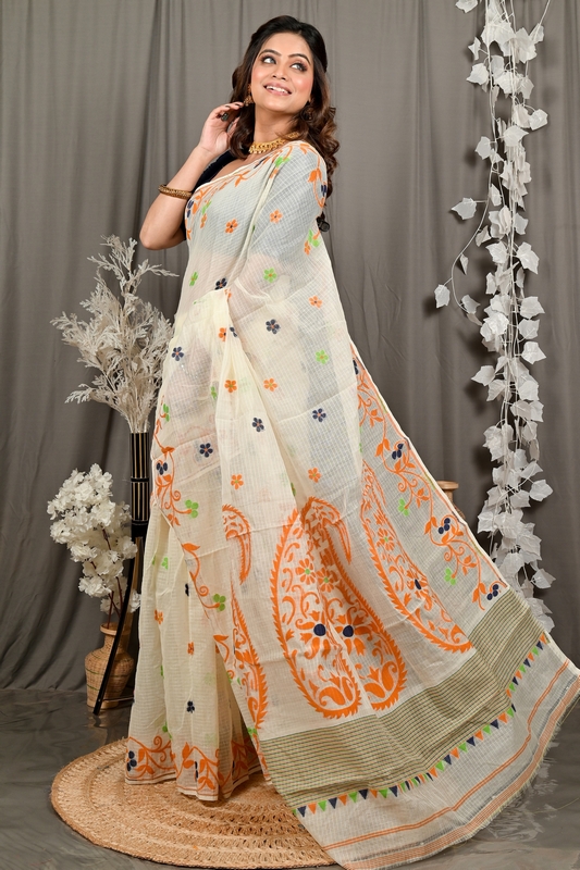 Off White Orange Cotton Fivani Jamdani Saree (3102)