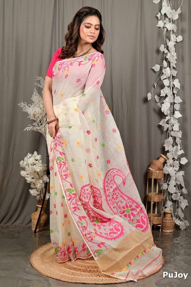 Off White Pink Cotton Fivani Jamdani Saree (3103)