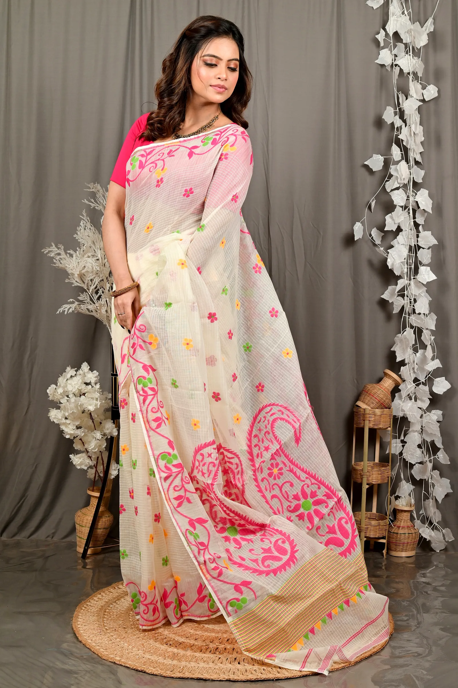 Off White Pink Cotton Fivani Jamdani Saree (3103)