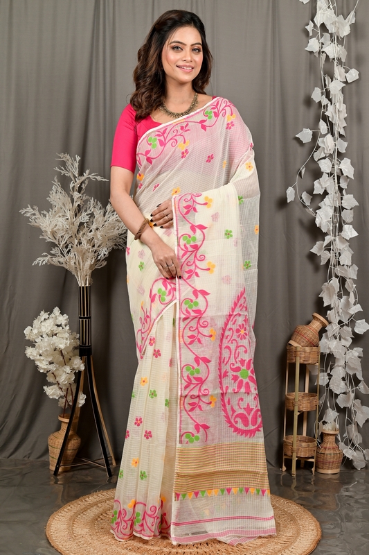 Off White Pink Cotton Fivani Jamdani Saree (3103)