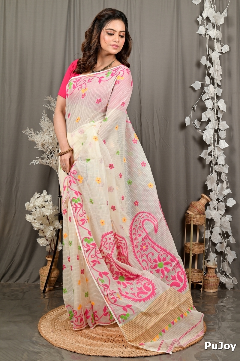 Off White Pink Cotton Fivani Jamdani Saree (3103)