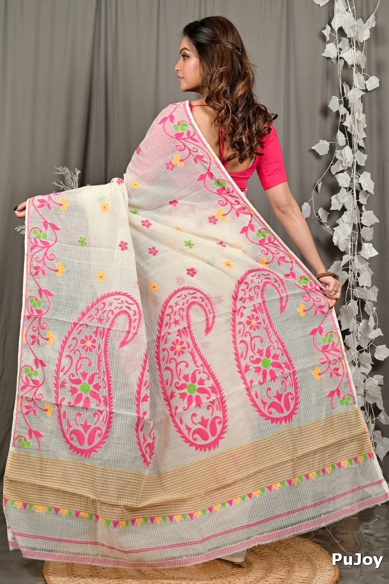 Off White Pink Cotton Fivani Jamdani Saree (3103)