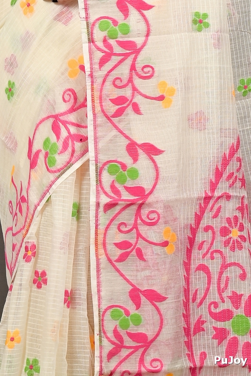 Off White Pink Cotton Fivani Jamdani Saree (3103)