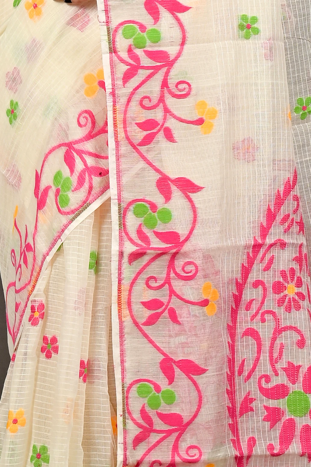 Off White Pink Cotton Fivani Jamdani Saree (3103)