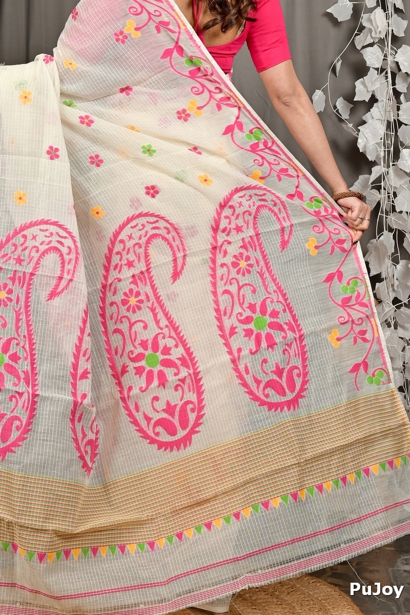Off White Pink Cotton Fivani Jamdani Saree (3103)