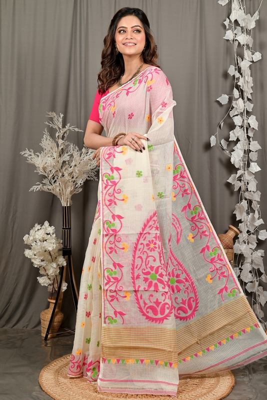 Off White Pink Cotton Fivani Jamdani Saree (3103)