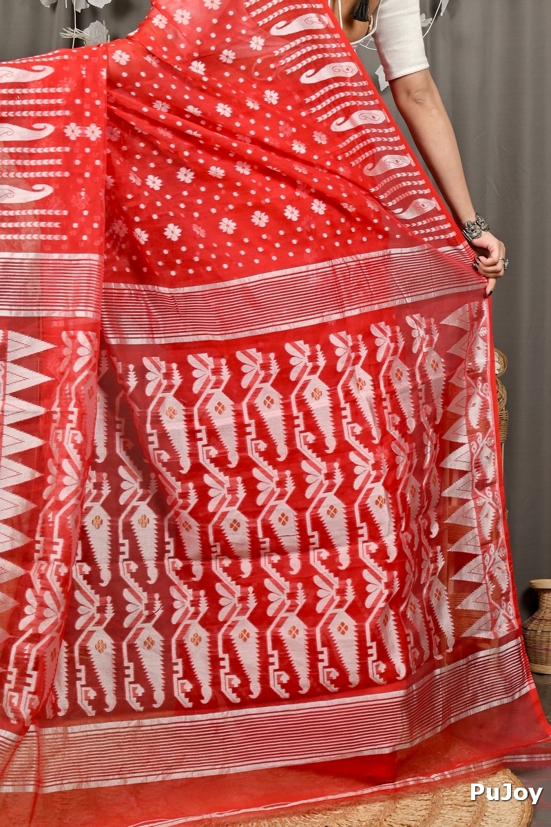 Red Cotton Folai Jamdani Saree (3105)