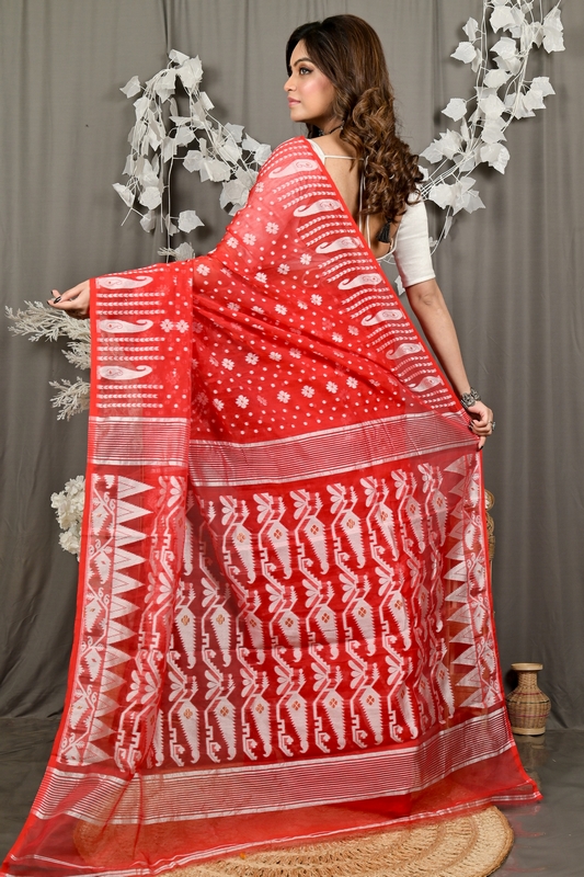 Red Cotton Folai Jamdani Saree (3105)