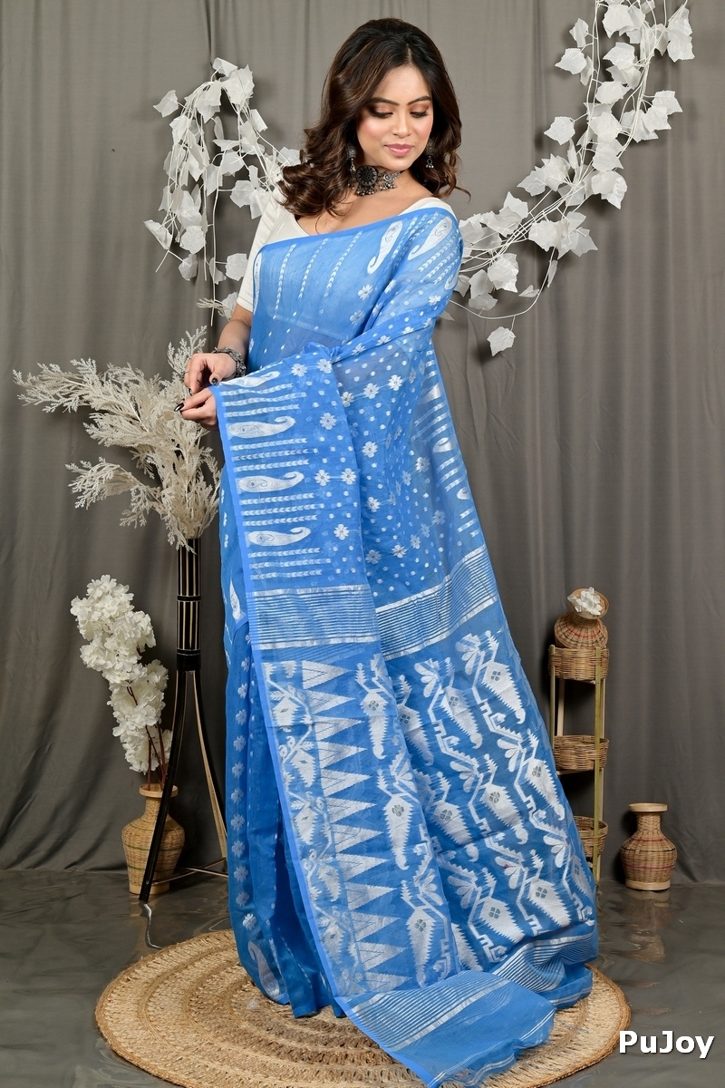 Sky Blue Cotton Folai Jamdani Saree (3106)