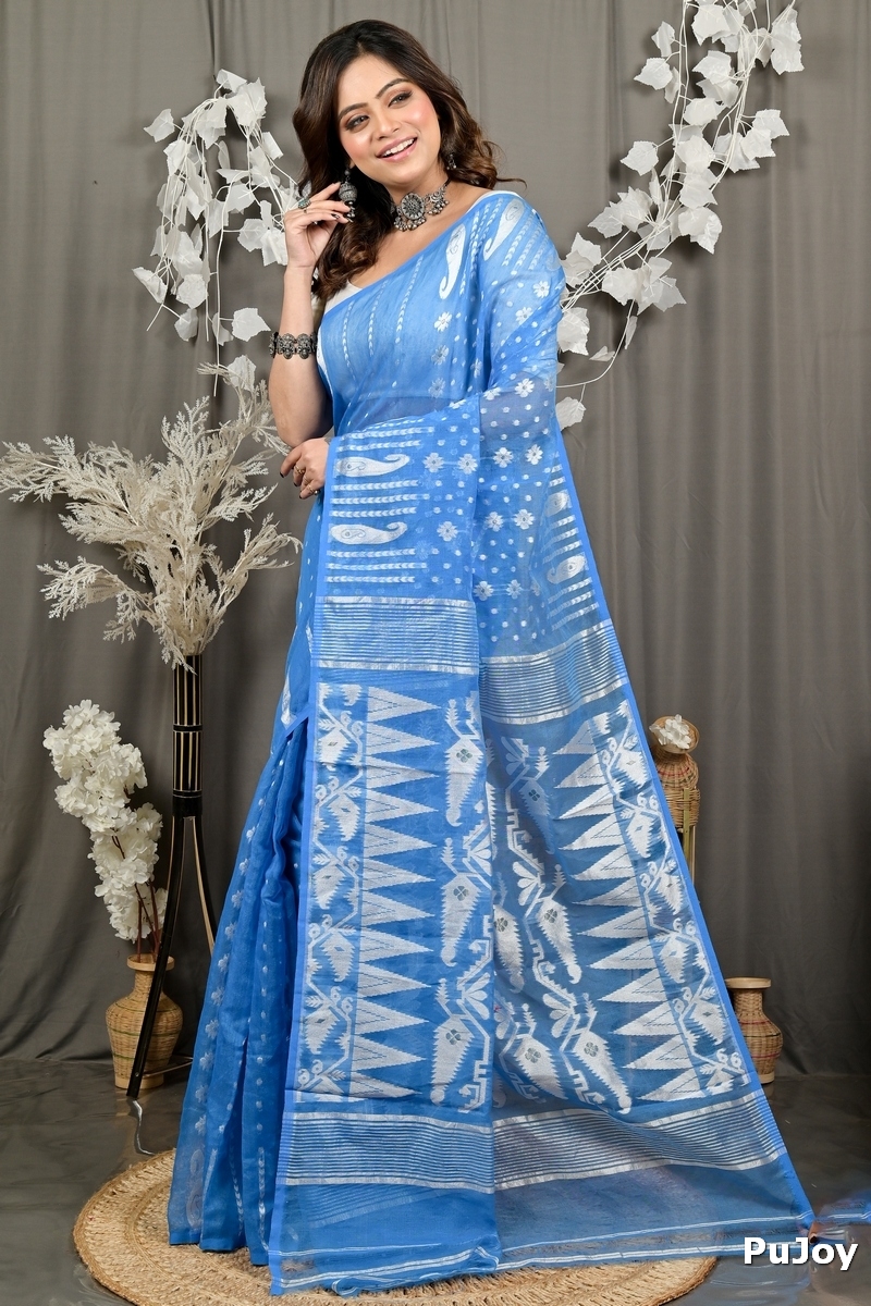 Sky Blue Cotton Folai Jamdani Saree (3106)